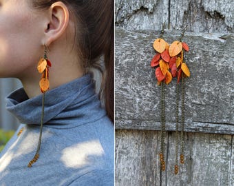 Dangle earrings Trending jewelry Autumn leaves jewelry Fall leaf earrings Extra long earring Chain earrings Trendy earrings cluster earrings