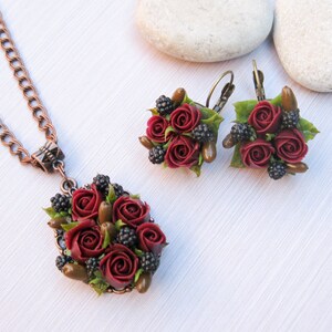 Gift for woman Rustic wedding jewelry Fall wedding jewelry Autumn wedding necklace Flower jewelry Flower earrings Flower necklace Dark red image 6