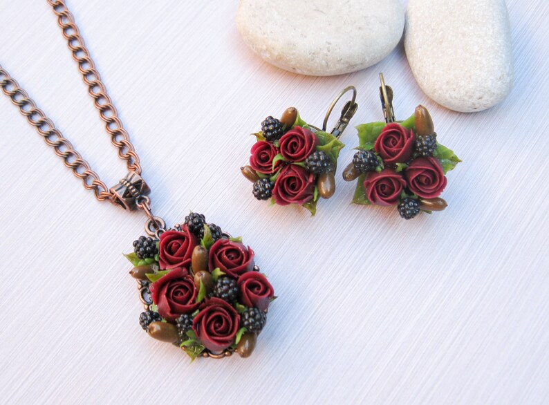 Gift for woman Rustic wedding jewelry Fall wedding jewelry Autumn wedding necklace Flower jewelry Flower earrings Flower necklace Dark red image 6