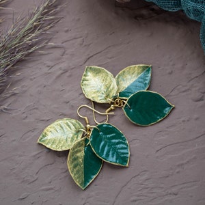 Green leaf earrings Gold leaf dangle earrings Sister birthday gift for niece Daughter gift from mom Floral earrings Nature lover gift