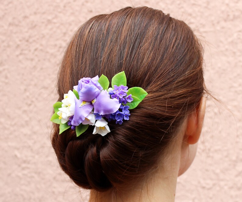 Bridal hair flower Woodland wedding accessory Floral head piece Iris jewelry Floral barrette White hair flower hair piece Lilac Jasmine
