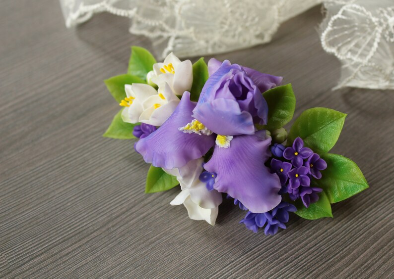Bridal hair flower Woodland wedding accessory Floral head piece Iris jewelry Floral barrette White hair flower hair piece Lilac Jasmine