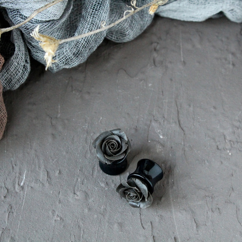 Black rose ear plug Black flower ear gauge Gothic wedding plug Etsy