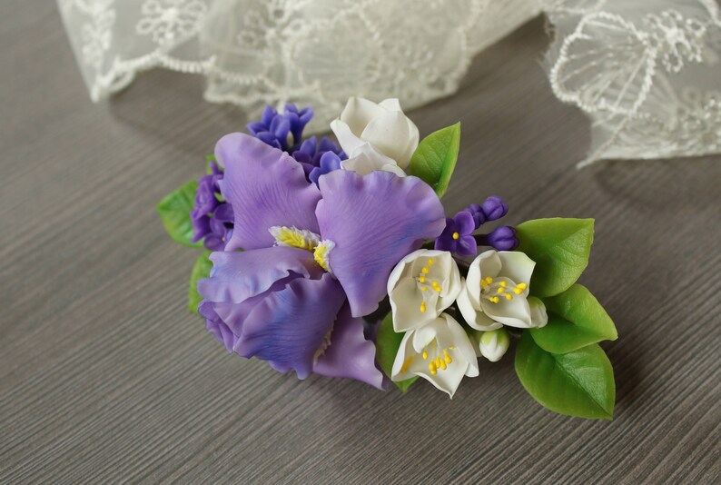 Bridal hair flower Woodland wedding accessory Floral head piece Iris jewelry Floral barrette White hair flower hair piece Lilac Jasmine