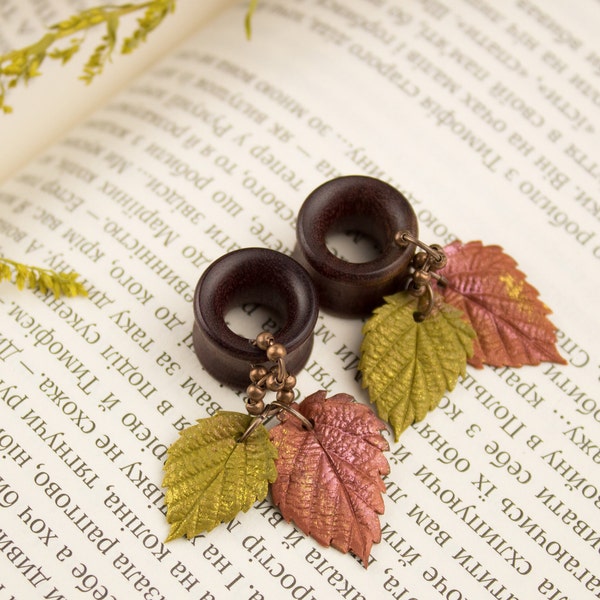 Fall leaves 8-20mm wooden tunnels Plugs for gauged ears Autumn birthday gift Thanksgiving Colorful yellow orange Botanical Floral