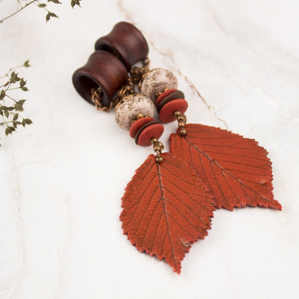 Dangle hoop earrings with orange fall leaves Colorful autumn jewelry Ear hangers for tunnels Stretched ears Plugs and gauges Boho Botanical