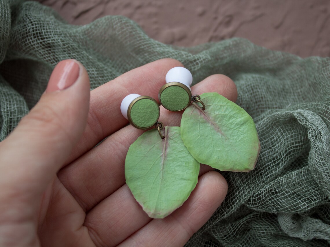 Green Eucalyptus leaf stud earrings Floral plugs and tunnels Etsy