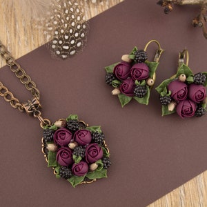 Gift for woman Rustic wedding jewelry Fall wedding jewelry Autumn wedding necklace Flower jewelry Flower earrings Flower necklace Dark red image 4