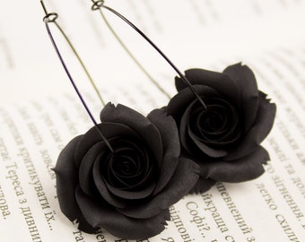 Gothic hoop earrings with black rose Dark fashion flower jewelry Halloween Alternative wedding Witchcraft Wiccan Elegant