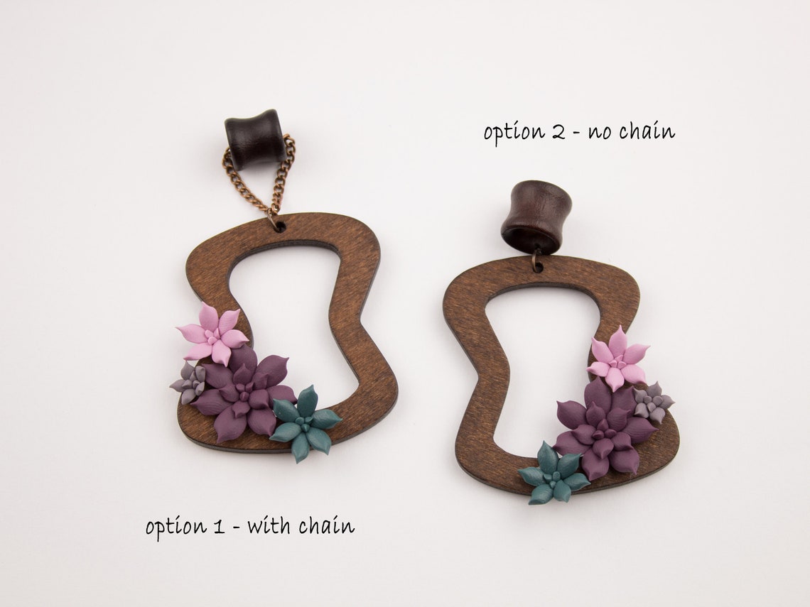 Dangle Wood Tunnel Cute Ear Plugs Pink Succulent Gauges Ear Etsy