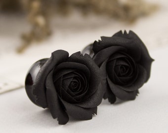 Black rose ear plug Black flower ear gauge Gothic wedding plug and tunnels 8g 6g 4g 2g 0g 00g plug earrings Halloween Ear stretcher taper