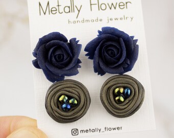 Navy blue rose earrings - Elegant studs set of 2 - Xmas gift for coworker - Office jewelry - Christmas present for sister in law - OOAK