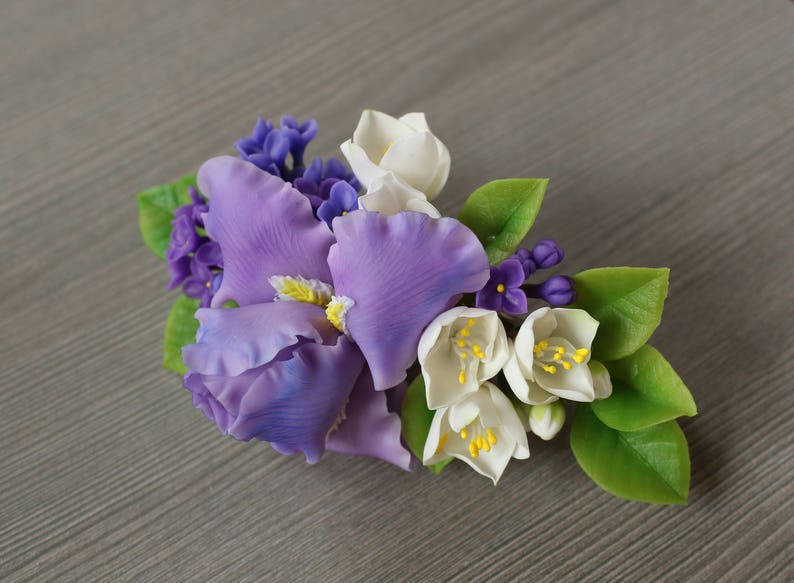 Bridal hair flower Woodland wedding accessory Floral head piece Iris jewelry Floral barrette White hair flower hair piece Lilac Jasmine