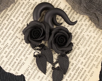 Halloween gauge earrings 5-14mm Black rose spiral plugs and tunnels Gothic wedding jewelry for stretched ears Alternative bride drop earring