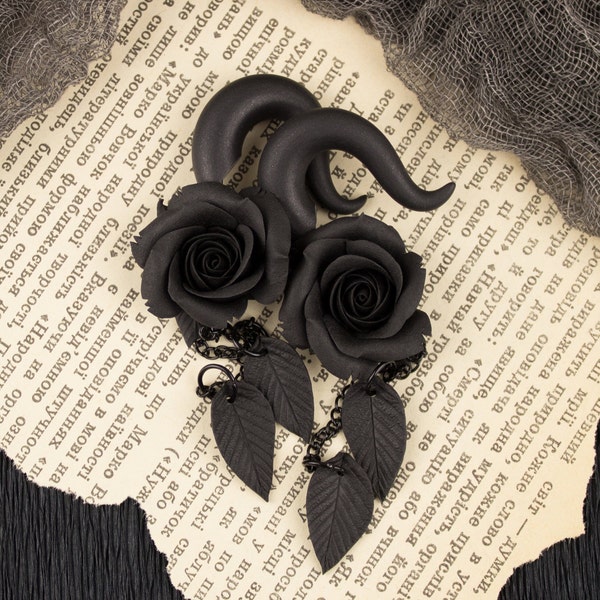 Halloween gauge earrings 5-14mm Black rose spiral plugs and tunnels Gothic wedding jewelry for stretched ears Alternative bride drop earring