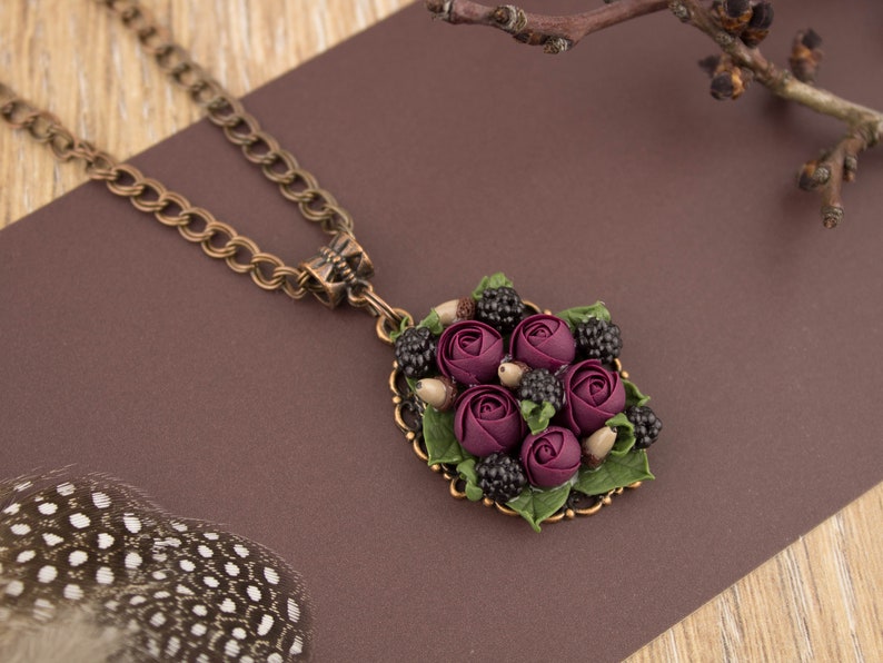 Gift for woman Rustic wedding jewelry Fall wedding jewelry Autumn wedding necklace Flower jewelry Flower earrings Flower necklace Dark red image 3