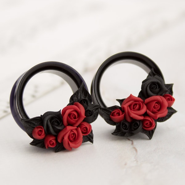 Wedding tunnel earrings Black red roses Flower Fall Autumn Bridal plugs and gauges Cute sister girlfriend daughter gift 15/32 - 1 inch