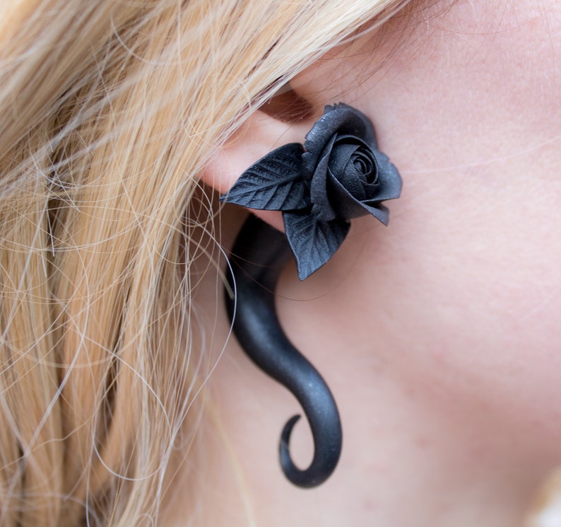 Fake Gauge Earrings Dangle Black Rose Ear Pinchers Tentacle Etsy