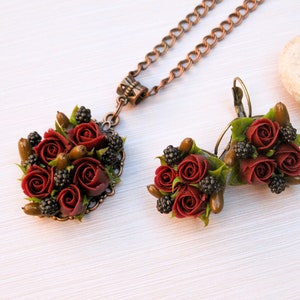 Gift for woman Rustic wedding jewelry Fall wedding jewelry Autumn wedding necklace Flower jewelry Flower earrings Flower necklace Dark red image 7