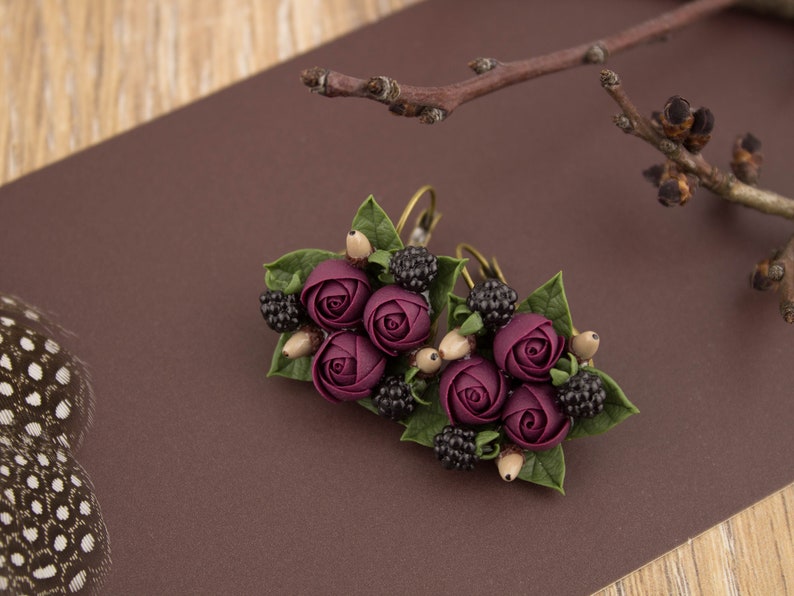 Gift for woman Rustic wedding jewelry Fall wedding jewelry Autumn wedding necklace Flower jewelry Flower earrings Flower necklace Dark red image 2