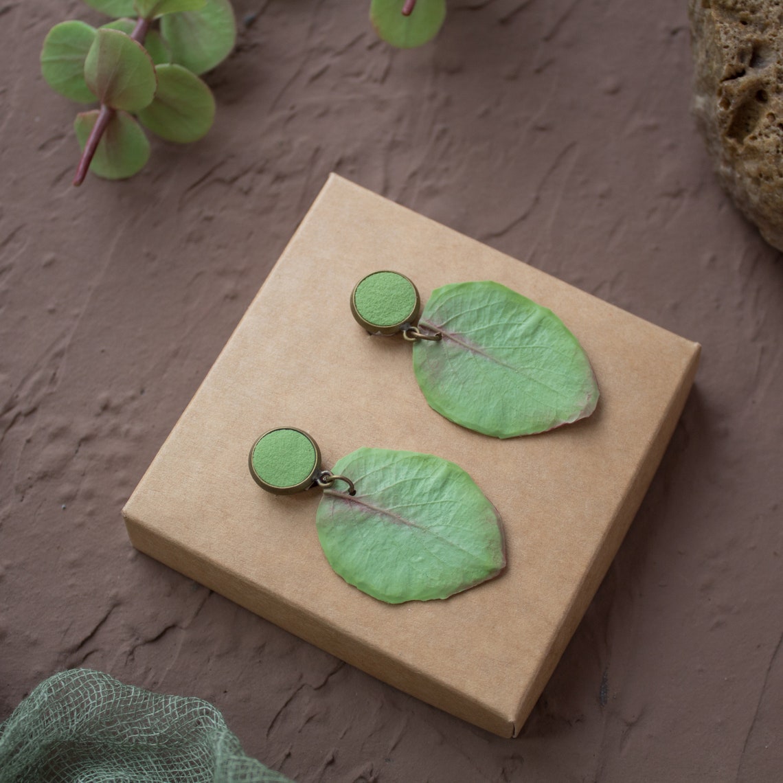 Green Eucalyptus leaf stud earrings Floral plugs and tunnels Etsy