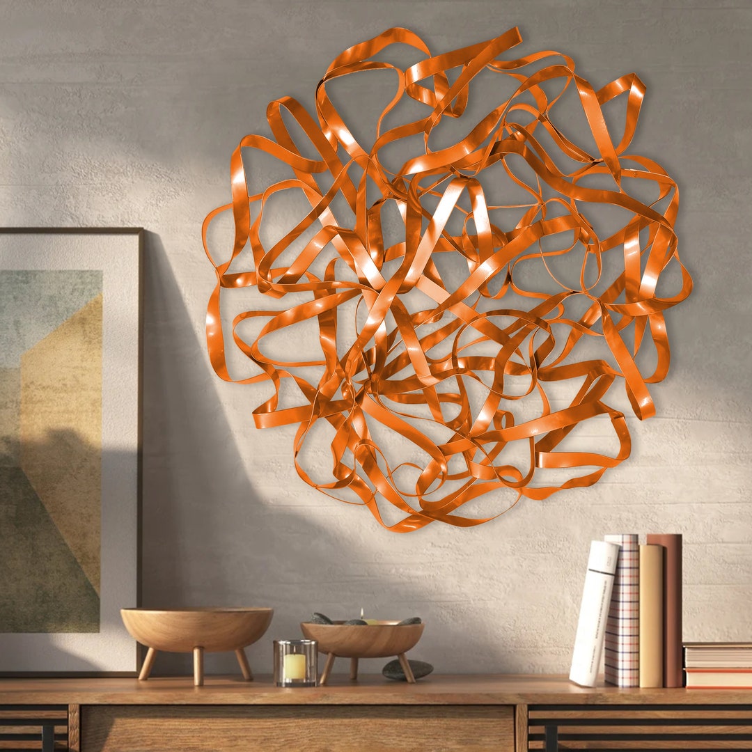 Orange Twisted Wall Decor, Orange Metal Wall Art, Modern 3D Wall Art
