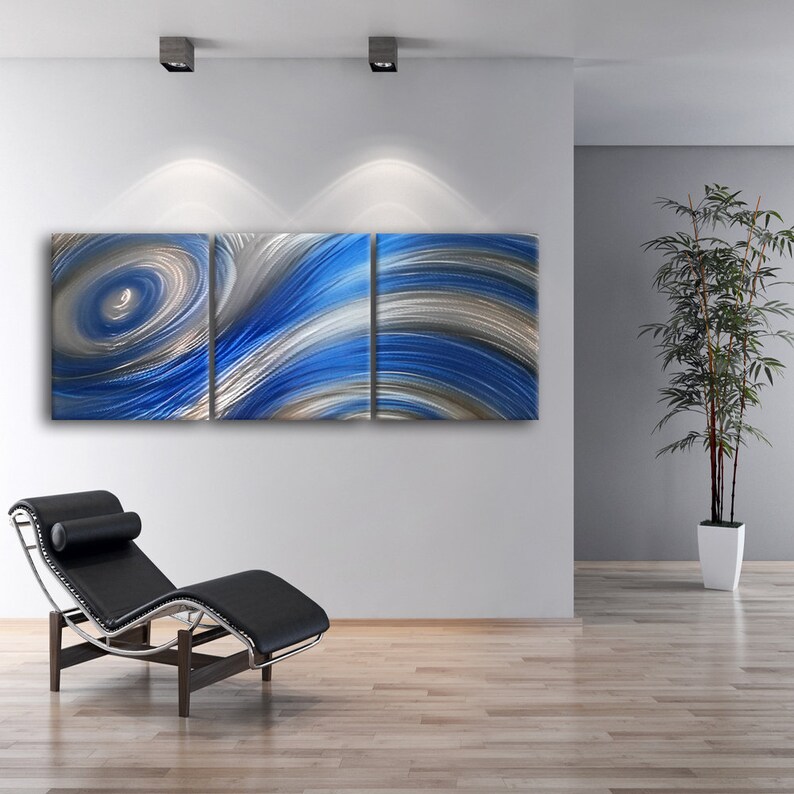 Blue Modern Metal Wall Art Contemporary 3 Panel Wall Etsy
