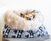 Black and white Ethnic - faux fur snuggle sack cuddle cave travel bed anti-anxiety dog bed bohemian deco puppy pocket