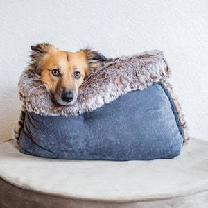 Velvet faux fur snuggle sack cuddle cave travel bed anti-anxiety dog bed anxiety relief nest bed hygge bed image 6