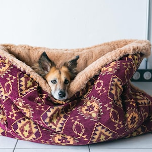 Burgundy kilim - velvet / faux fur snuggle sack | cuddle cave | travel bed | anti-anxiety dog bed | anxiety relief | hygge bed