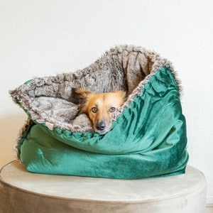 Velvet faux fur snuggle sack cuddle cave travel bed anti-anxiety dog bed anxiety relief nest bed hygge bed image 1