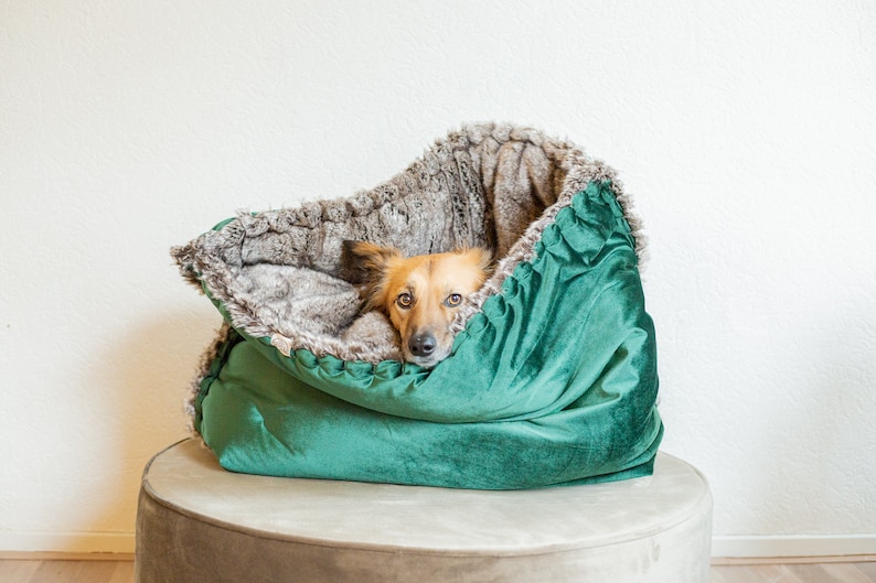 Velvet faux fur snuggle sack cuddle cave travel bed anti-anxiety dog bed anxiety relief nest bed hygge bed image 1