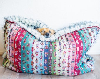 Multi colour woven canvas - faux fur snuggle sack | cuddle cave | travel bed | anti-anxiety dog bed | anxiety relief | nest bed