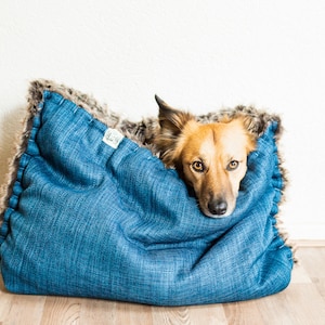 Mélange canvas faux fur snuggle sack cuddle cave travel bed anti-anxiety dog bed anxiety relief nest bed puppy pocket image 9