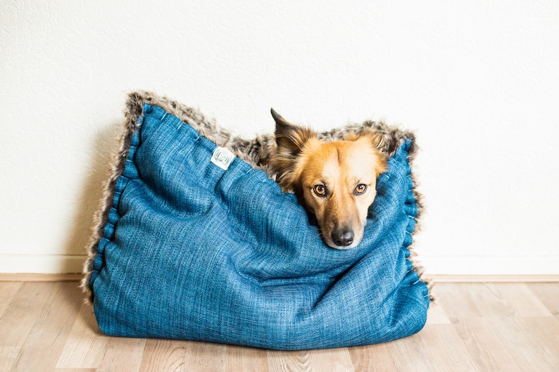 Mélange canvas faux fur snuggle sack cuddle cave travel bed anti-anxiety dog bed anxiety relief nest bed puppy pocket image 9