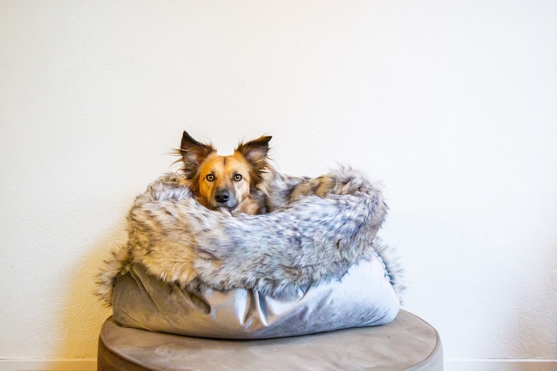 Velvet faux fur snuggle sack cuddle cave travel bed anti-anxiety dog bed anxiety relief nest bed hygge bed image 5