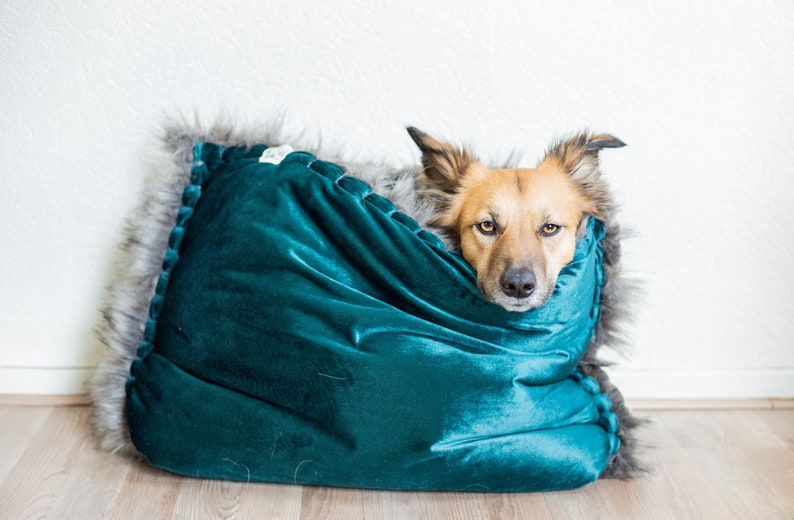 Velvet faux fur snuggle sack cuddle cave travel bed anti-anxiety dog bed anxiety relief nest bed hygge bed image 2