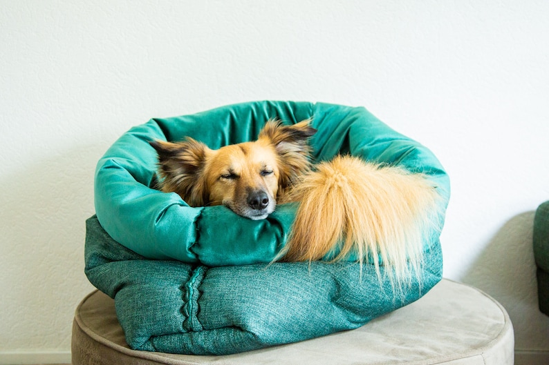 Mélange canvas faux fur snuggle sack cuddle cave travel bed anti-anxiety dog bed anxiety relief nest bed puppy pocket image 2