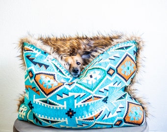 Turquoise kilim - velvet / faux fur snuggle sack | cuddle cave | travel bed | anti-anxiety dog bed | anxiety relief | nest bed