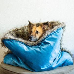 Velvet faux fur snuggle sack cuddle cave travel bed anti-anxiety dog bed anxiety relief nest bed hygge bed image 10