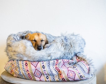 Beige and orange Thai - faux fur snuggle sack | cuddle cave | travel bed | anti-anxiety dog bed | bohemian decor | puppy pocket