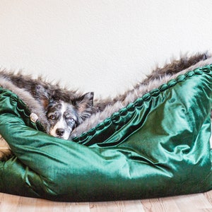Velvet faux fur snuggle sack cuddle cave travel bed anti-anxiety dog bed anxiety relief nest bed hygge bed image 3