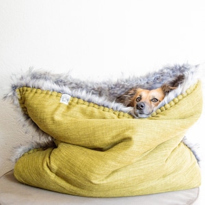 Mélange canvas faux fur snuggle sack cuddle cave travel bed anti-anxiety dog bed anxiety relief nest bed puppy pocket image 1