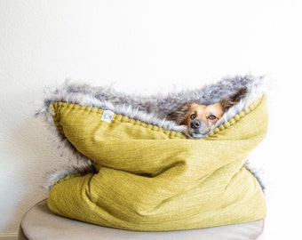 Lona melange - saco de dormir de piel sintética | cueva para acurrucarse | cama de viaje | cama antiestrés para perros | alivio de la ansiedad | cama nido | bolsillo para cachorros