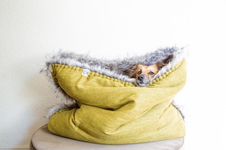 Mélange canvas faux fur snuggle sack cuddle cave travel bed anti-anxiety dog bed anxiety relief nest bed puppy pocket image 1