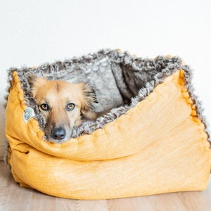 Mélange canvas faux fur snuggle sack cuddle cave travel bed anti-anxiety dog bed anxiety relief nest bed puppy pocket image 6