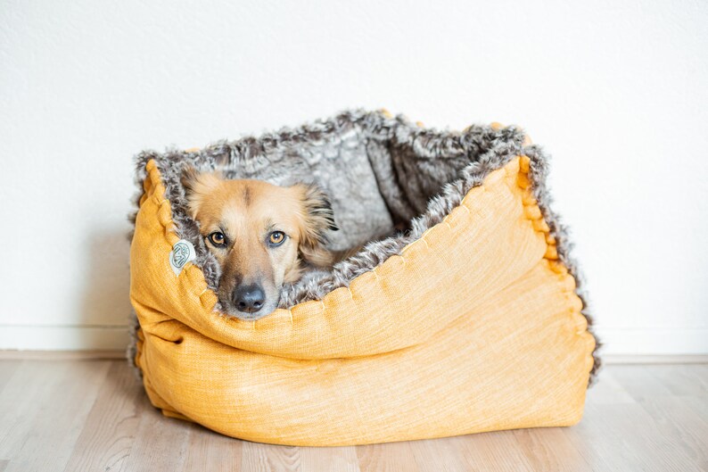 Mélange canvas faux fur snuggle sack cuddle cave travel bed anti-anxiety dog bed anxiety relief nest bed puppy pocket image 6