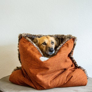 Mélange canvas faux fur snuggle sack cuddle cave travel bed anti-anxiety dog bed anxiety relief nest bed puppy pocket image 3