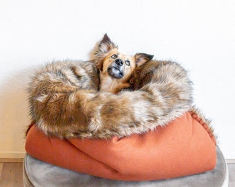 Faux tweed - faux fur travel bed | cuddle cave | snuggle sack | anti-anxiety dog bed | anxiety relief | nest bed | puppy pocket