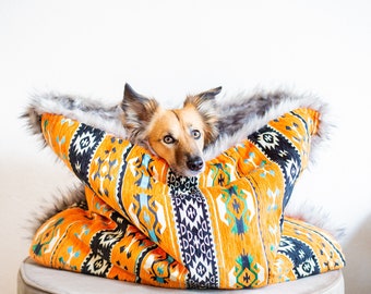 Orange kilim - velvet / faux fur snuggle sack | cuddle cave | travel bed | anti-anxiety dog bed | anxiety relief | nest bed